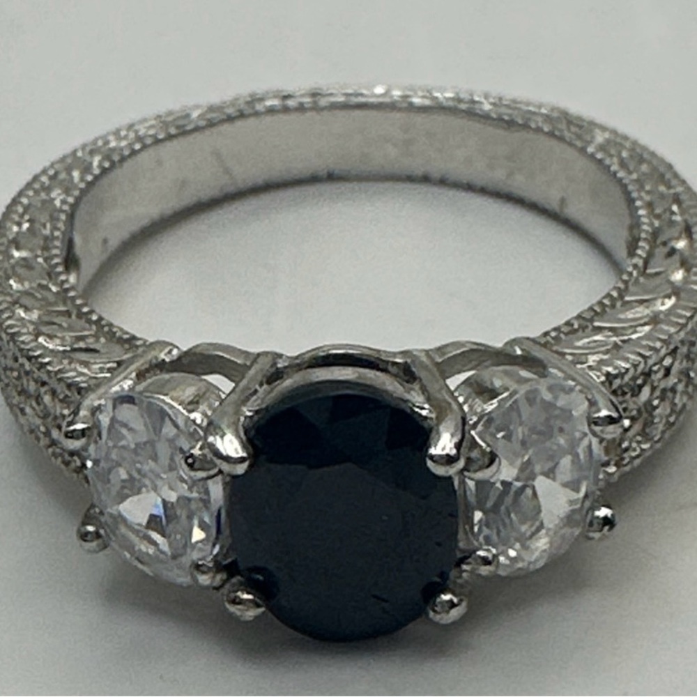 Black Sapphire & White Cubic Zirconia Ring Size 7 Silver tone Band W/ Box